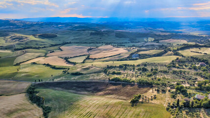 Pienza, Tuscany. Aerial view at sunset of famous medieval town