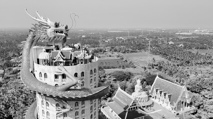 WAT SAMPHRAN, THAILAND - DECEMBER 15, 2019: Aerial view of famous dragon temple from drone perspective