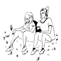 Simple hand drawn sketch of two girls sitting on the grass, chatting and holding their mobile phones in hands, taking pictures, making selfie. Black line drawing in white background of teenagers.