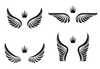 Fototapeta na wymiar Set of four pairs of wings with crowns. Vector illustration.