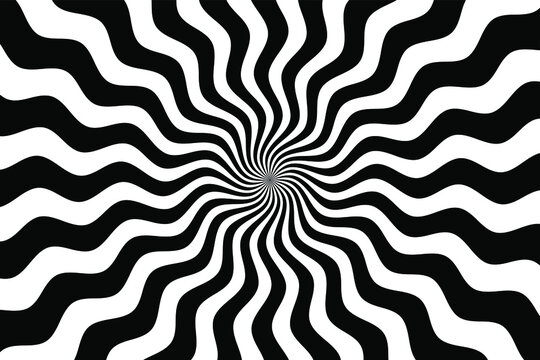 Black and white hypnotic spiral wave rays background. Psychedelic sunburst retro design.