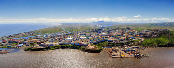 Panorama of the city of Anadyr. Aerial view of the Arctic port town. Anadyr is the easternmost city of Russia and the administrative center of the Chukotka Autonomous Okrug. Siberia, Russian Far East.