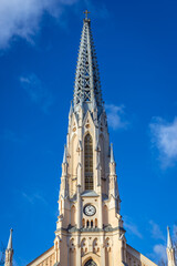 Tower of Evangelical Reformed Parish Church on Solidarnosci Avenue in Warsaw, capital city of Poland