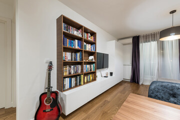Living room interior with bookshelf and wall units with storage