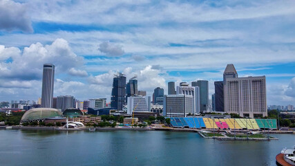 Fototapeta na wymiar SINGAPORE - JANUARY 2, 2020: Aerial view of Marina bay area with skyscrapers