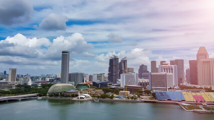 Fototapeta premium SINGAPORE - JANUARY 2, 2020: Aerial view of Marina bay area with skyscrapers
