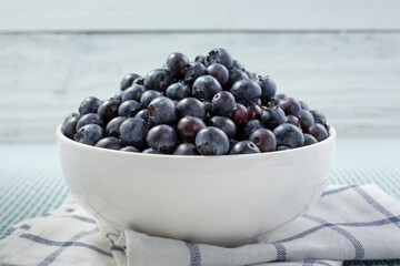 A view of a bowl of fresh blueberries, in a still life setting.