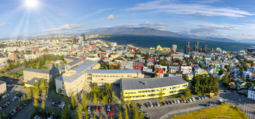Reykjavik, Iceland. Amazing panoramic aerial view of the city in summer season
