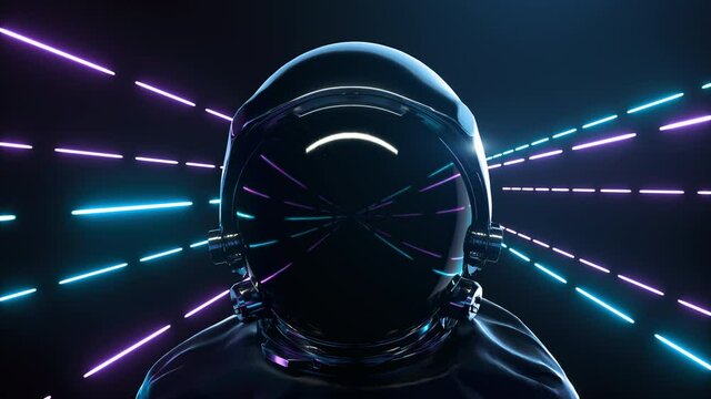 Astronaut With neon laser Lights In dark space. Loop background animation