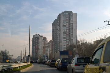 Busy road in Sofia city, the capital of Bulgaria.