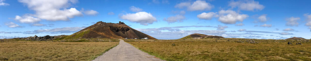Obraz premium Panoramic view of Saxholl Crater and surrounding countryside, Iceland