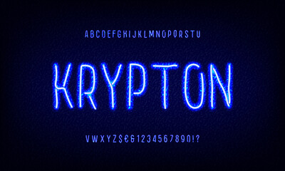 Blue illuminated vector font and alphabet. Bright capital letters, numbers and symbols with outer glowing effect. Nightlife typography. Vector illustration