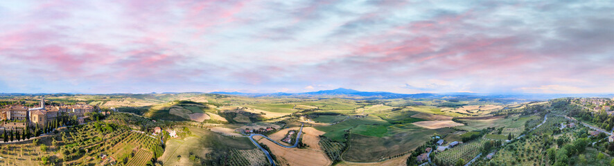 Pienza, Tuscany. Aerial view at sunset of famous medieval town