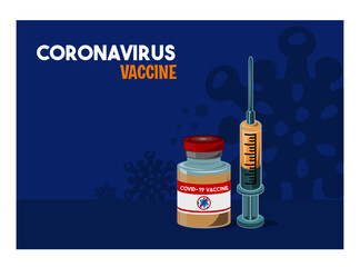 Coronavirus vaccine, vial with solution for injection and syringe on blue background