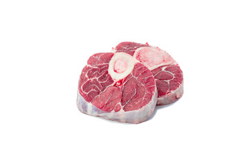 raw veal meat with marrow bone for italian dish Osso Buco cutout on white background