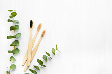 Flat lay composition with eco-friendly bamboo toothbrushes and eucaliptus branch on white background. Zero waste concept. Top view, copy space