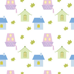 Seamless background of houses and maple leaves on a white background. Children's vector cartoon illustration, pattern. Wallpaper for children's room, textiles, clothing, drawing for a book, cover