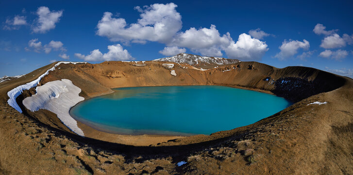 Amazing nature landscape, Viti crater in Krafla caldera, lake with emerald colored water, geothermal volcanic area, North part of Iceland, Europe. Scenic panoramic view, outdoor travel background
