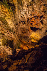  Cueva de los Verdes, Green Cave in Lanzarote. Canary Islands.  an amazing lava tube and tourist attraction on Lanzarote island, Spain. Multi-colored illumination of caves. Beautiful cave. 