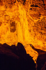  Cueva de los Verdes, Green Cave in Lanzarote. Canary Islands.  an amazing lava tube and tourist attraction on Lanzarote island, Spain. Multi-colored illumination of caves. Beautiful cave. 