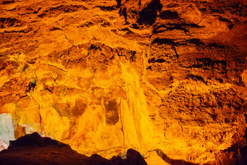 Cueva de los Verdes, Green Cave in Lanzarote. Canary Islands.  an amazing lava tube and tourist attraction on Lanzarote island, Spain. Multi-colored illumination of caves. Beautiful cave. 