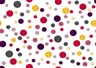 Seamless pattern with colorful polka dots on white background. Perfect for textile fabric print, wrapping, wallpapers, decoration, etc. Watercolor hand drawn illustration.