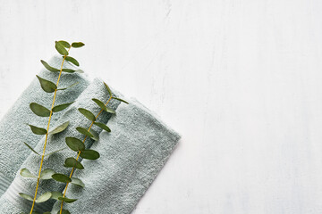 Rolled fluffy towel and green eucalyptus branch on white background. Minimalist scandinavian style....