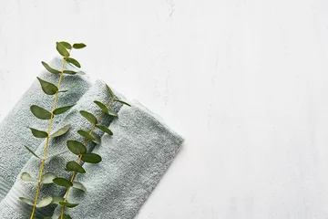 Foto op Canvas Rolled fluffy towel and green eucalyptus branch on white background. Minimalist scandinavian style. Hygiene, wellness well-being, body care concept. Copy space, top view © Laima