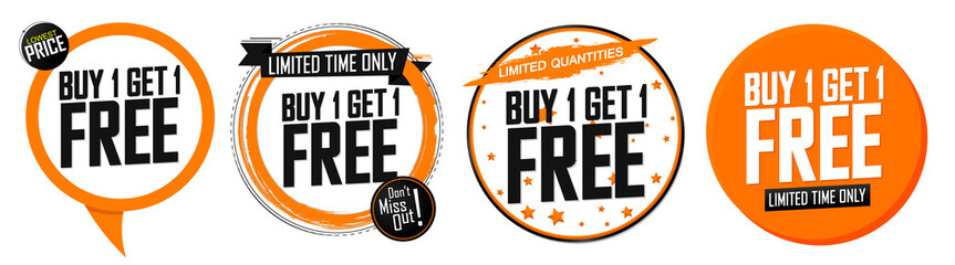 Set Buy 1 Get 1 Free tags, sale banners design template, discount badge collection, app icons, vector illustration - obrazy, fototapety, plakaty