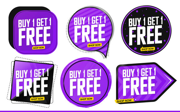 Set Buy 1 Get 1 Free tags, sale banners design template, discount badge collection, app icons, vector illustration