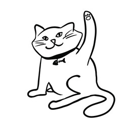 Cat waving hello paw. Stylish cat, doodle illustration. Vector illustration on white background. For cards, posters, decor 10 eps.