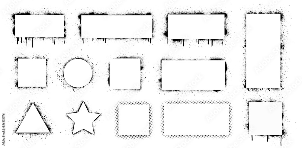 Poster Spray graffiti stencil with white frame for text. Stencil frames with brush splash. Black airbrushing paint banner, rectangular stencil border. Set stencil border isolated on white background. Vector