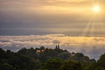 Beautiful panoramic aerial view of the city with clouds and sky composite. Chiang Mai, Thailand.
