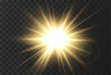Sun rays effect, very realistic glow of sunlight with glare and rays of the sun. Yellow abstract glitter light. The effect of a flash or bright glow of gold color. Vector illustration 