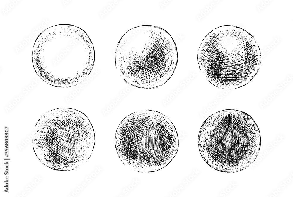 Wall mural hand drawn shaded spheres. simple black and white pen and ink doodle sketches of circles with differ