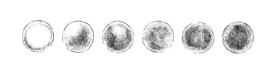 Naklejka na ściany i meble Hand drawn shaded spheres. Simple black and white pen and ink doodle sketches of circles with different types of shading texture. Shading tutorial, organic hand drawn design elements.