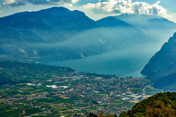 Panorama of the gorgeous Lake Garda surrounded by mountains in Riva del Garda, Garda Lake aerial view, italy