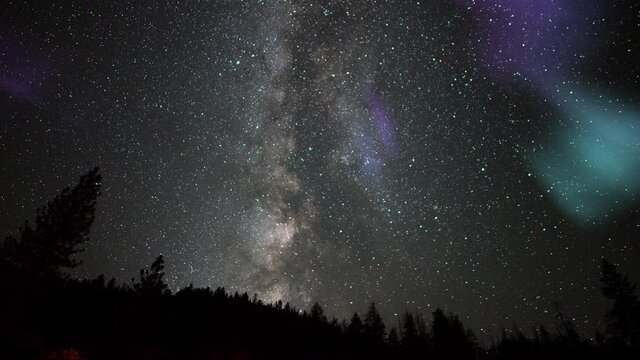 Aurora Borealis and Alpine Forest Milky Way Galaxy Time Lapse Simulated Northern Lights
