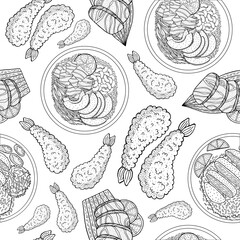 Beautiful japanese food, great design for any purposes. Doodle line drawing vector seamless pattern. Trendy menu texture. Sketch drawing. Japanese and asian food background. Business concept
