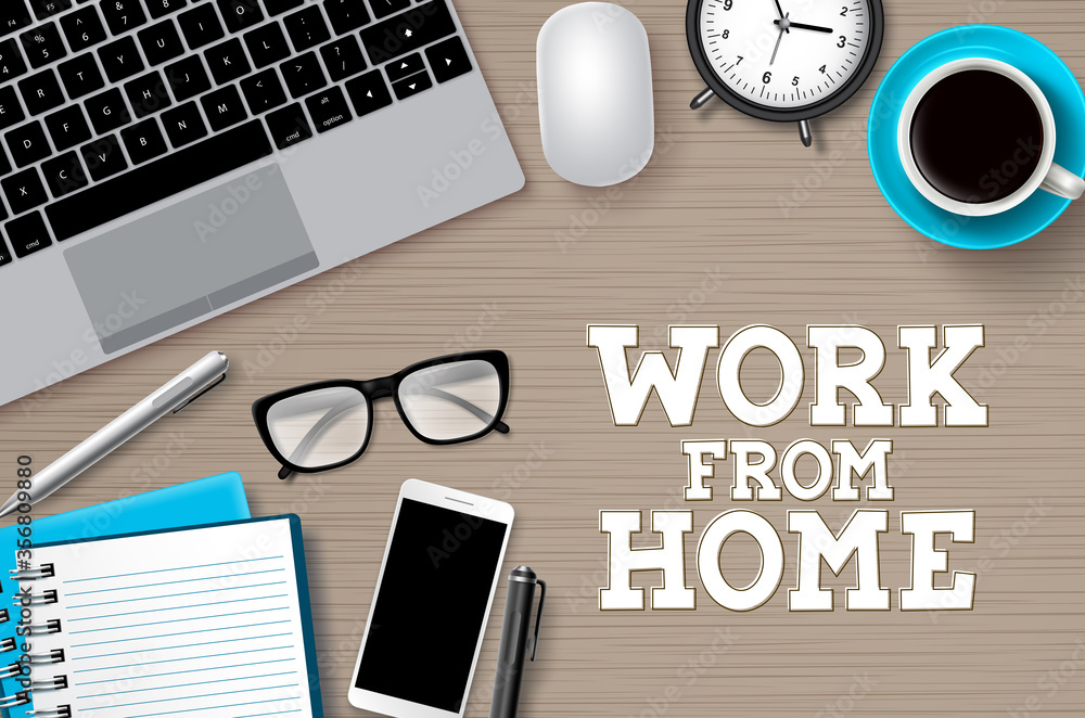 Poster work from hoome desk vector background. work from home text with remote online business elements for
