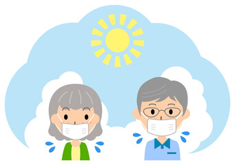 炎天下の暑さに苦しむマスクをした高齢の夫婦