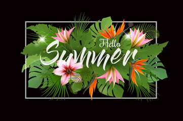Summer tropical holiday background with exotic palm leaves and colorful flowers. Vector