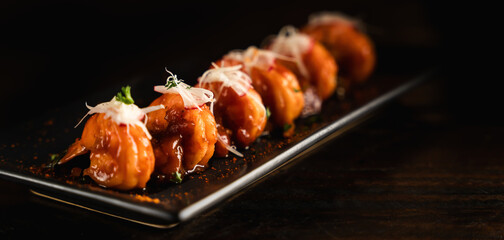 chinese food background of prawn stir fried with red sauce