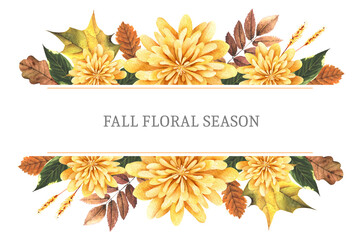 Watercolor hand painted floral border with leaves rowan, marple, oak, yellow flower chrysanthemum. Fall season floral clipart for design invitation, home decor, background photo album, save the date.
