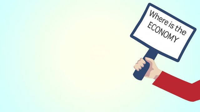 Concept of economic penury. Hand waving a banner board with words where is the economy written on it over blue background.