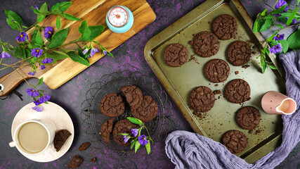 Baking double chocolate chip homemade cookies creative concept flat lay. Top view overhead.