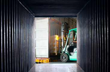 Forklift Tractor Loading Packaging boxes on Pallets into Container Trucks. Shipping Warehouse. Delivery Service Shipment Boxes. Supply Chain Goods. Warehouse Cargo Logistics Transport.