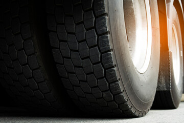 Closeup truck wheels, tires of semi truck