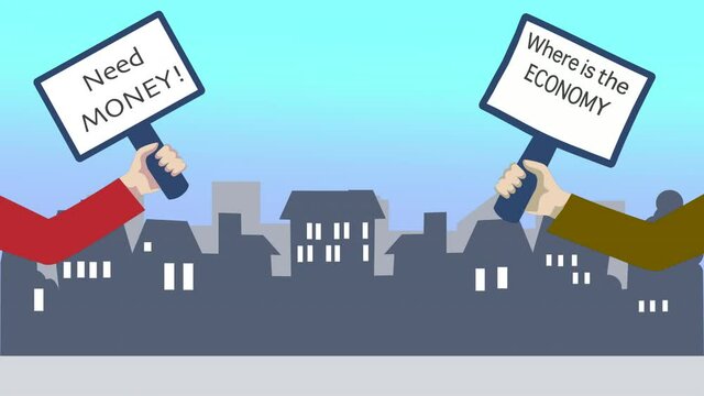 Concept of penury. Hand waving a banner board with words need money written on it over blue background.