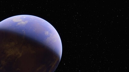 surreal space 3d illustration, planet with rings rising over horizon, beautiful planet in far space, space background for design, outer space, planets in science fiction, exo-planet, earth-like planet